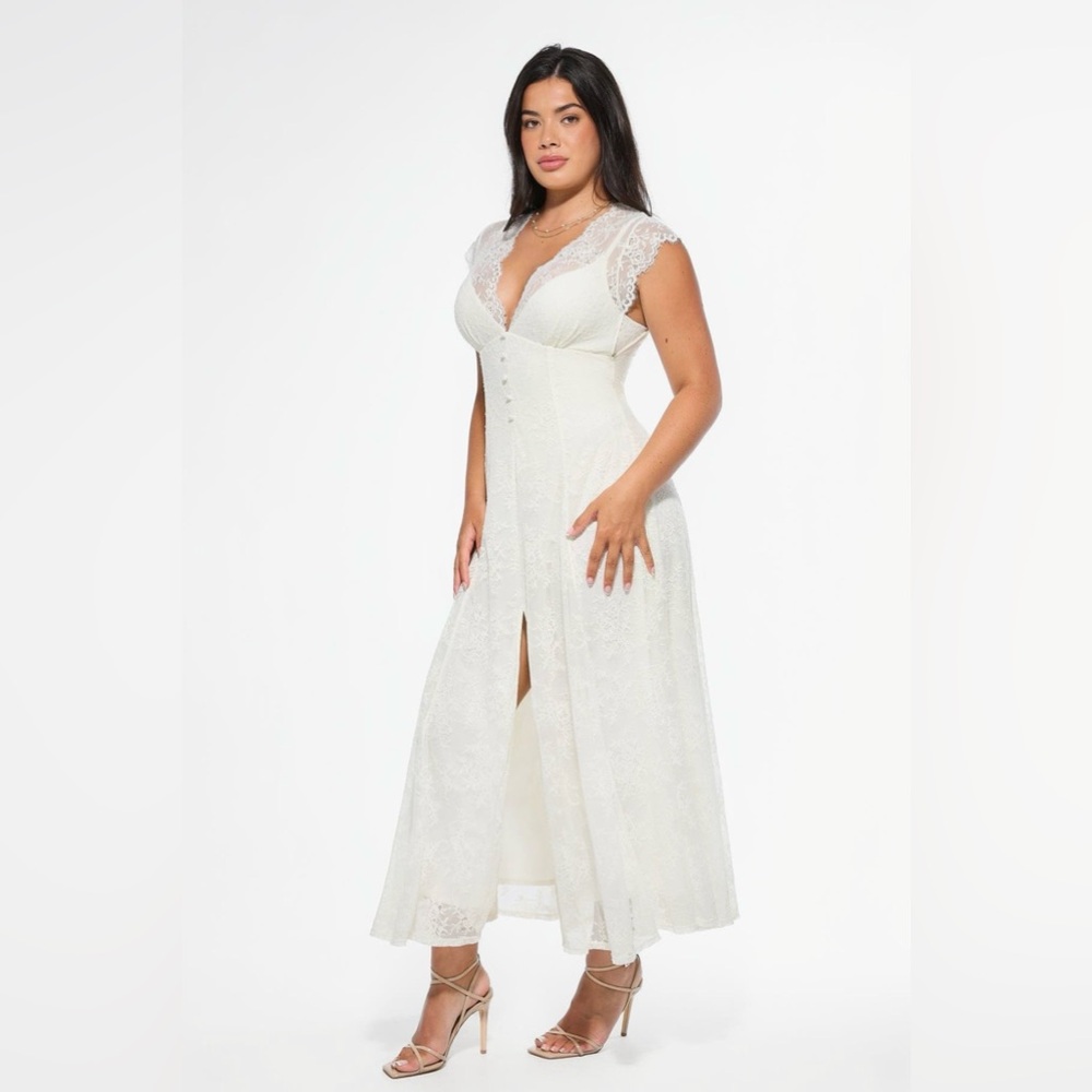 Popilush Boho Floral Lace Front Slit Maxi Dress